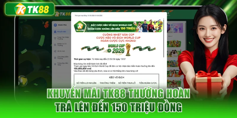 Khuyến mãi TK88 thưởng hoàn trả lên đến 150 triệu đồng